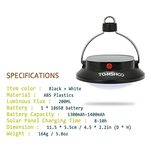 TOMSHOO Solar Campinglampe USB Wiederaufladbare 300LM LED Camping Laterne IP55 Wasserdichtes Zeltlampe 4 Modi Tragbar Notfall Ladegerät für Handy 